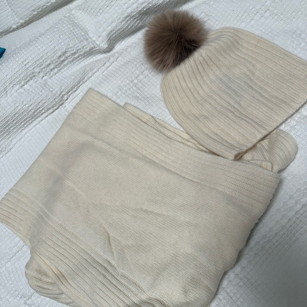 Tahari Cream Knit Beanie & Scarf Set with Faux-Fur Pom